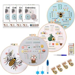Sutesloly 4 Sets Beginner Embroidery Kits for Adults,Learn Plant Flower Simple Hand Embroidery Starting Sets with Patterns,Basic Easy Stitch Floral Mushroom Learn Embroidery Starter Practice Kit