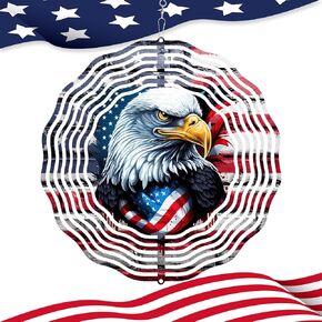 3D American Flag Eagle Wind Spinner 10 Inch Stainless Steel Kinetic Art Patriotic Hanging Decoration for Indoor and Outdoor Spaces