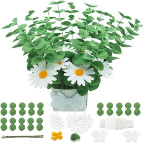 BAZIMA Felt Flowers and Eucalyptus Kit, Felt Daisies and Eucalyptus Kit,15 Eucalyptus and 8 Daisies kit,Floral Gifts,Arrange Pre-Cut Felt Flowers and Foliage(Orange Gray Light Yellow)