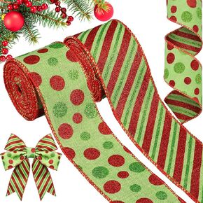 2 Rolls Christmas Wired Ribbons 2.5" Reversible Christmas Green Red Dots Ribbons Glitter Polka Dots Ribbon Burlap Ribbon for Xmas Tree Decorative Wedding Decoration DIY Craft Bows Wreath,10 Yard
