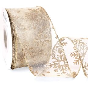 Ribbli Christmas Snowflake Glitter Wired Ribbon, 2-1/2 Inch x 20 Yards Champagne Organza Sheer Ribbon with Champagne Glitter Snowflake Pattern Christmas Ribbon for Tree Decoration