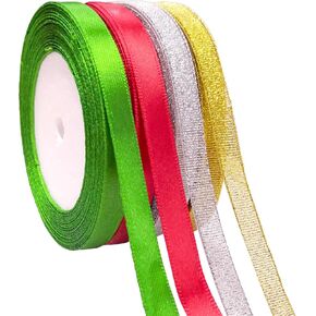 4 Rolls Christmas Ribbon Set - 100 Yards Total, 0.4 Inch Wide, Green, Red, Glitter Silver, and Glitter Gold Fabric Ribbons for Presents Gift Wrapping, Holiday Crafts Decorations, and Party Supplies