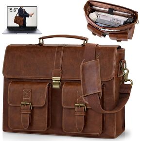 RAINSMORE Mens Messenger Bag 15.6 Inch Leather Vintage Laptop Briefcase Waterproof Computer Laptop Bag Leather Satchel Bag Large Shoulder Bag for Office Work Travel College, Brown