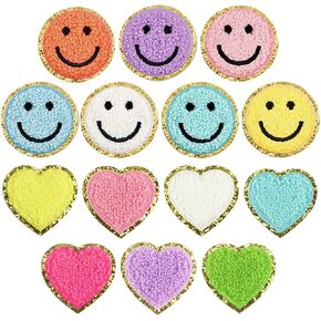 Happy Face Heart Patches, Iron on Patches 14 Pieces, Iron on Patches for Clothing, Patches for Clothes Jackets Jeans Hats Backpacks DIY Decorations(Gold Edge)