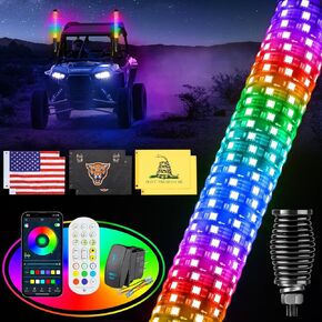 2PCS 2FT Fat Whip Lights for UTV ATV with Spring Base, Led Fatty Whip Light W/Rocker Switch & 6 Flags, Brighter Spiral Chasing Lighted Antenna Whip with APP & Remote Control for RZR SXS Can-Am
