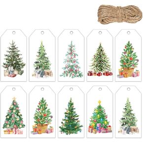 Doumeny 120PCS Christmas Paper Gift Tags Watercolor Xmas Tree Tags with Hemp Rope Merry Christmas Hanging Paper Tags Winter Holiday Name Tags Label Christmas Tree Decorative Tags for Gift Wrapping