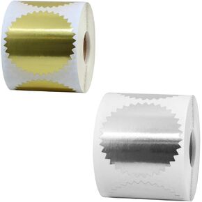 Round Gold and Silver Metallic Label Sticker Rolls, Metallic Sticker for Envelop, Certificate, Package, Mailing Seals, Certificate Award Seals Stickers with Serrated Edge Foil Stamp Seal- 2Pack