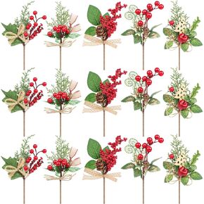 15 PCS Christmas Branches Artificial Christmas Tree Filler Branches Large with Red Berries Apple Pine Cones for Vases Tree Outdoor Planters DIY Christmas Craft Wreaths Decoration