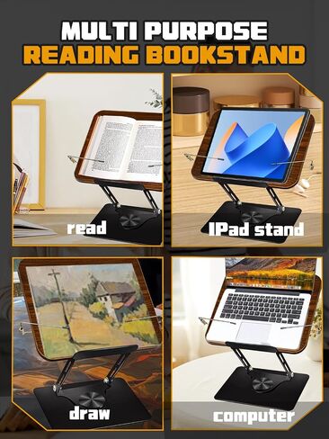 Computer Bracket Height&Angle Adjustable Book Holder 360° Rotating Base Foldable Cookbook Stand Recipe Book Holder with Elastic Page Clips in Saudi Arabia