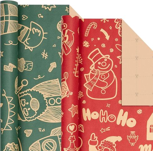 Rancco Christmas Wrapping Paper Roll w/24 Pc Gift Tags, Red and Green Kraft Paper w/Santa Claus/Merry Christmas Lettering Design, Xmas Wrapping Paper for Holiday, New Year, 17 in x 10 ft per Roll in Kuwait