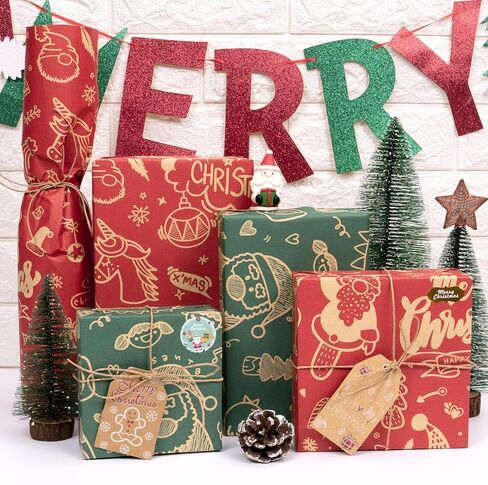 Rancco Christmas Wrapping Paper Roll w/24 Pc Gift Tags, Red and Green Kraft Paper w/Santa Claus/Merry Christmas Lettering Design, Xmas Wrapping Paper for Holiday, New Year, 17 in x 10 ft per Roll in Kuwait