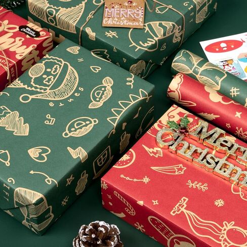 Rancco Christmas Wrapping Paper Roll w/24 Pc Gift Tags, Red and Green Kraft Paper w/Santa Claus/Merry Christmas Lettering Design, Xmas Wrapping Paper for Holiday, New Year, 17 in x 10 ft per Roll in Kuwait