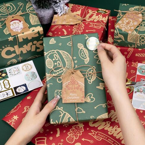 Rancco Christmas Wrapping Paper Roll w/24 Pc Gift Tags, Red and Green Kraft Paper w/Santa Claus/Merry Christmas Lettering Design, Xmas Wrapping Paper for Holiday, New Year, 17 in x 10 ft per Roll in Kuwait