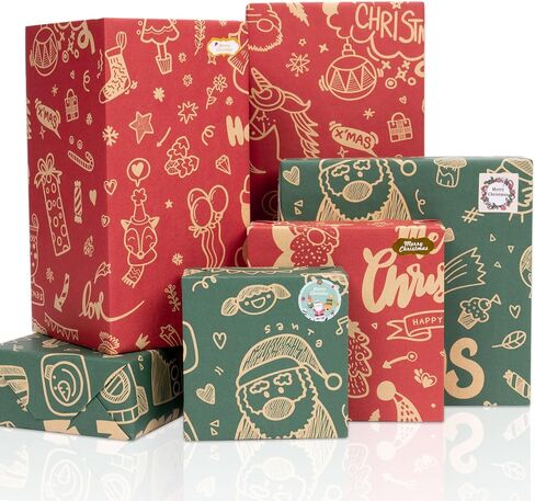 Rancco Christmas Wrapping Paper Roll w/24 Pc Gift Tags, Red and Green Kraft Paper w/Santa Claus/Merry Christmas Lettering Design, Xmas Wrapping Paper for Holiday, New Year, 17 in x 10 ft per Roll in Kuwait