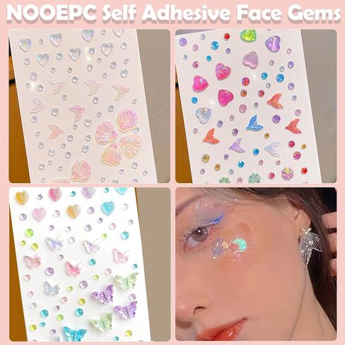 NOOEPC ذاتية اللصق للوجه، ملصقات جوهرة ذاتية اللصق من حجر الراين، لوازم الحرف اليدوية، لوازم سجل القصاصات، أحجار كريمة للشعر، ملصقات حجر الراين للوجه والعين والمكياج والجسم in Kuwait