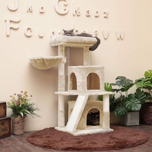 Hey-brother Cat Tree with Scratching Board, 2 Luxury Condos, 41.34 inches Cat Tower with Padded Plush Perch and Cozy Basket, Light Gray MPJ004W in Saudi Arabia