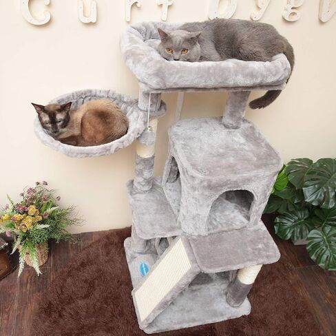Hey-brother Cat Tree with Scratching Board, 2 Luxury Condos, 41.34 inches Cat Tower with Padded Plush Perch and Cozy Basket, Light Gray MPJ004W in Saudi Arabia