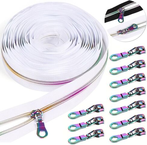 #5 White Zipper Tape by The Yard with Pulls-10 Yards Bulk Nylon Coil Zipper Replacement with 20 Pcs Silver Pulls Zippers-Zippers for Sewing Assorted Lengths Bags and Purses in Kuwait