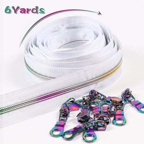#5 White Zipper Tape by The Yard with Pulls-10 Yards Bulk Nylon Coil Zipper Replacement with 20 Pcs Silver Pulls Zippers-Zippers for Sewing Assorted Lengths Bags and Purses in Kuwait