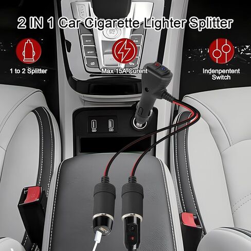 GELRHONR 12V Cigarette Lighter Splitter, 2 Way Cigarette Lighter Socket with Dual Independent Switches, Double Lighter Adapter Extension Cable with 10A Fuse-30CM in Saudi Arabia