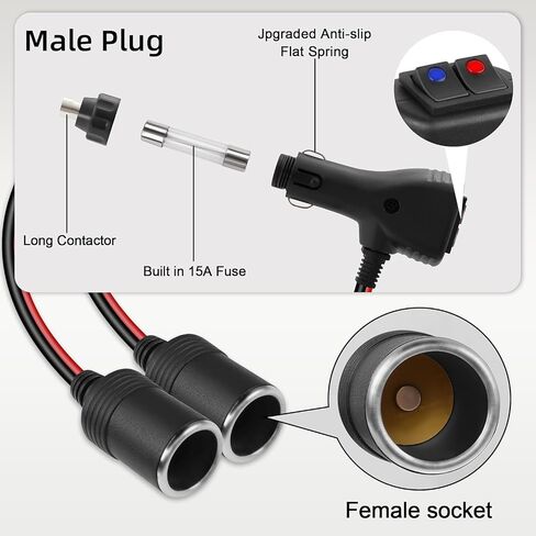 GELRHONR 12V Cigarette Lighter Splitter, 2 Way Cigarette Lighter Socket with Dual Independent Switches, Double Lighter Adapter Extension Cable with 10A Fuse-30CM in Saudi Arabia