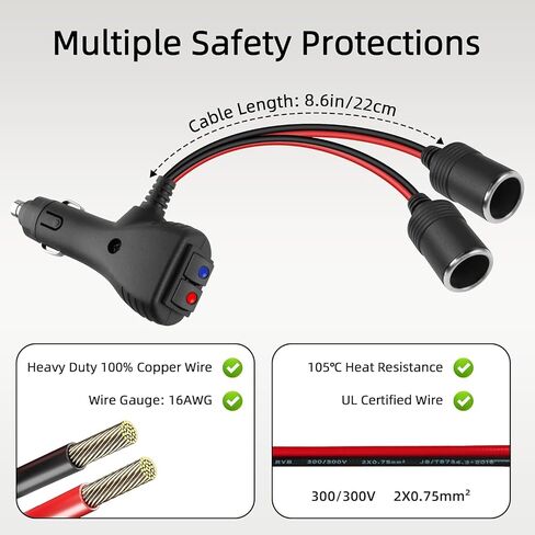 GELRHONR 12V Cigarette Lighter Splitter, 2 Way Cigarette Lighter Socket with Dual Independent Switches, Double Lighter Adapter Extension Cable with 10A Fuse-30CM in Saudi Arabia