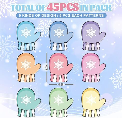 45Pcs Winter Paper Cutouts Colorful Snowflake Gloves Cut-Outs Christmas Bulletin Board Decoration with 100Pcs Glue Points for Xmas DIY Crafts Home Party Classroom in Saudi Arabia