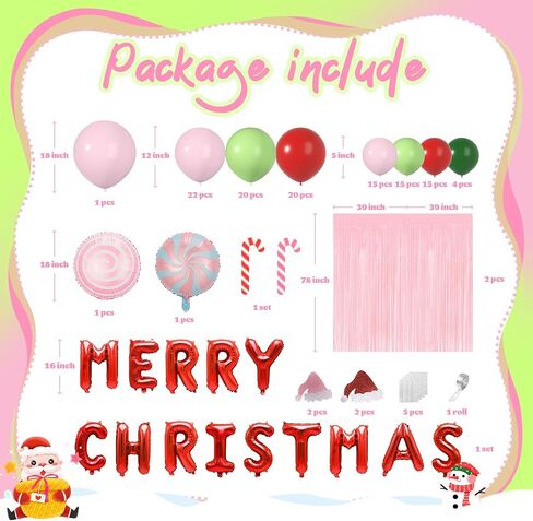 Pink Ugly Christmas Balloon Arch Kit for Christmas Eve Decor - Christmas Decorations of Baby Pink Red Fresh Green Christmas Balloons Garland, Candy Canes Sign, Fringe Curtain, Santa Hat, Foil Balloons in Saudi Arabia