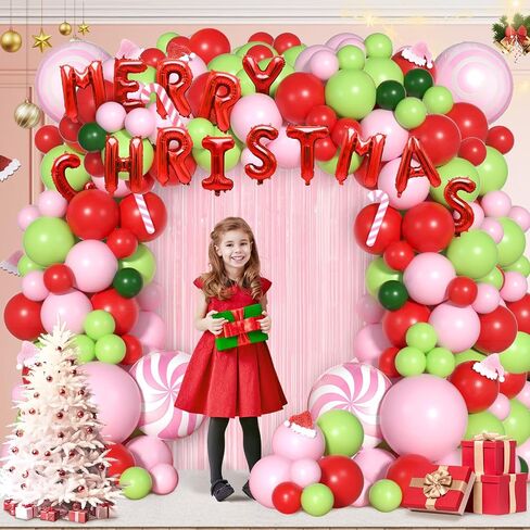 Pink Ugly Christmas Balloon Arch Kit for Christmas Eve Decor - Christmas Decorations of Baby Pink Red Fresh Green Christmas Balloons Garland, Candy Canes Sign, Fringe Curtain, Santa Hat, Foil Balloons in Saudi Arabia