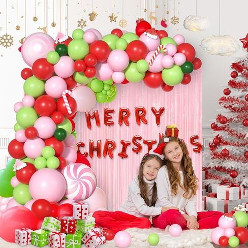 Pink Ugly Christmas Balloon Arch Kit for Christmas Eve Decor - Christmas Decorations of Baby Pink Red Fresh Green Christmas Balloons Garland, Candy Canes Sign, Fringe Curtain, Santa Hat, Foil Balloons in Saudi Arabia