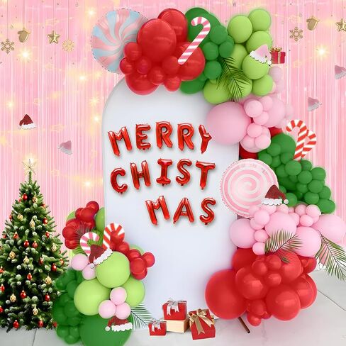Pink Ugly Christmas Balloon Arch Kit for Christmas Eve Decor - Christmas Decorations of Baby Pink Red Fresh Green Christmas Balloons Garland, Candy Canes Sign, Fringe Curtain, Santa Hat, Foil Balloons in Saudi Arabia