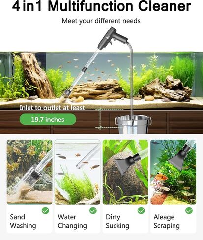 منظف ​​الحصى لحوض السمك من AQQA، 4 في 1، ترقية قوة الشفط اليدوية لخزان الأسماك، أدوات مكنسة كهربائية للحصى لمغير مياه الحوض مع تعديل تدفق المياه، يستخدم لتنظيف خزان الأسماك ورمل الحصى in Kuwait