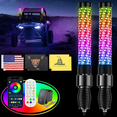 2 قطعة من أضواء سوط الدهون بطول 2 قدم لـ UTV ATV مع قاعدة زنبركية، ضوء سوط دهني LED مع مفتاح هزاز و6 أعلام، سوط هوائي مضاء للمطاردة الحلزونية أكثر سطوعًا مع تطبيق وجهاز تحكم عن بعد لـ RZR SXS Can-Am in Kuwait