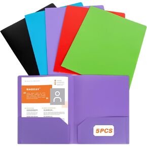 Plastic Folders with Pockets - 5 Pack Colored Folders with 2 Pockets and Name Card Slot Heavy Duty Plastic Pocket Folders Waterproof Portable Pocket Folders for Office School Home Letter Size Paper