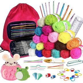 HAOLINS Crochet Kits for Beginner Ideal Beginner Kit 48Piece Crochet with Yarn Set–1000 Yards Assorted Yarn Crochet Accessories Set Including Ergonomic Hooks, Knitting Needles & More, Small, PINK