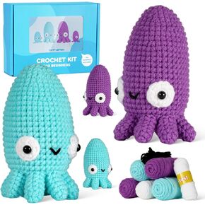 Generic Crochet kit for beginners, featuring a squid family, equipped with step-by-step video tutorials, yarns, hook, and accessories, Blue