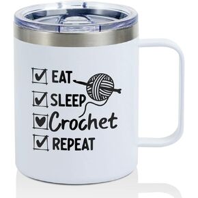 Onebttl Knitting Gifts for Women, Crochet Lovers - Eat Sleep Crochet Repeat - 12 oz /350 ml Insulated Mugs with Lid - Crochet Gift for Birthday, Christmas - (White)