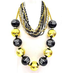 31 Pcs Happy New Year Beads Necklaces Black Gold Silver Jumbo Ball Beads Necklaces Happy New Year's Eve Party Decorations