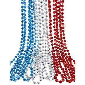 GiftExpress 33" 7mm Metallic Red/Silver/Blue Beaded Necklaces, Bulk Mardi Gras Party Beads Necklaces, July 4th Party Beaded Necklaces