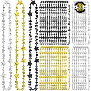 48PCS New Years Necklace, 3 Kinds New Years Eve Bead Necklaces Party Supplies 2025 Bulk, HAPPY NEW YEAR Star Necklace Accessories, Black Gold Silver Bead Necklace 2025 for New Year Party Decorations