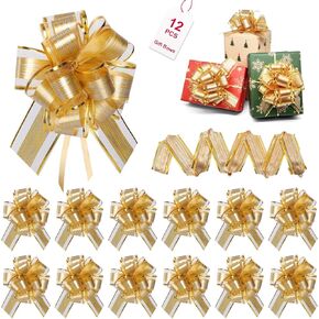 12 Pcs Christmas Wrap Ribbon Pull Bows, Christmas Bows for Gift Wrapping, Large Xmas Gift Bows for Presents, Baskets, Christmas Tree, Wine Bottles, Christmas Decoration Accessories