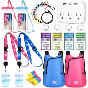 Cruise Must Haves Includes Cruise Luggage Tags, Cruise Lanyard, Waterproof Phone Bags, Travel Clothesline, Portable Backpack, Towel Clips, Power Strip for Carnival Essentials Kit (Blue and Pink)