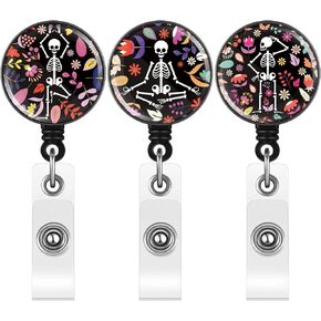 Tenare 3 Pieces Xray Badge Reel Retractable Radiology Tech Gifts Day of the Dead Badge Reel Holder Bones Skeleton Skull Chest Patterns for Nurse Doctor ID Cards(Rib Skull Heart with Flower)