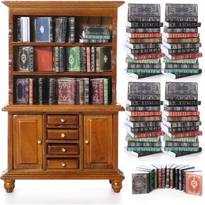 48 Pcs 1:12 Scale Dollhouse Miniatures Books with 1 Miniature Wooden Bookshelf Mini Bookcase Doll House Furniture Accessories for Mini Library Bedroom Decoration(Brown)