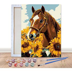 Bimkole Framed Paint by Numbers Kit for Adults Sunflower Horse, DIY Oil Painting Kit on Canvas with Paintbrushes and Acrylic Pigment for Beginner, for Home Wall Decor 8x12inch/20x30 cm