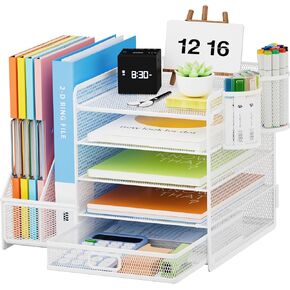 Lavatino Desk Organizer with File Holder, 5-Tier Paper Letter Tray Organizer with Sliding Drawer and 2 Pen Holder, Mesh Desktop File Organizer for Office Supplies (Black)