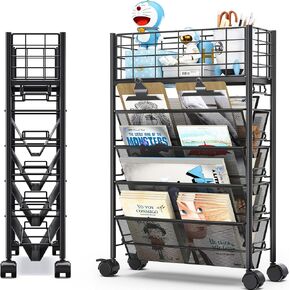 TOOLF 5 Tier Metal Rolling Book Cart, Movable Book Rack Storage Bookshelf, Utility Organizer Bookshelves for Kids Children Students Study in Bedroom Living Room Home School