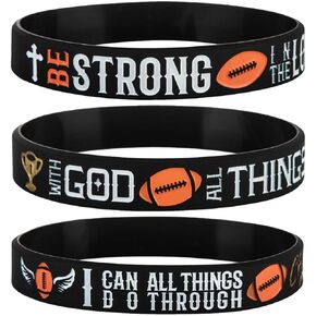 Sainstone Power of Faith Football Bible Silicone Bracelets with Inspirational Scriptures Ephesians 6:10, Matthew 19:26, Philippians 4:13, Motivational Wristbands Gifts for Sports, Men Women