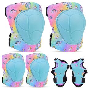 FIODAY Knee Pads for Kids Protective Gear Set Adjustable Kids Knee Pads and Elbow Pads with Wrist Guard for Girls Roller Skates Cycling Bike Skateboard Scooter Knee Pads, 3-8 Years,Rainbow Unicorn