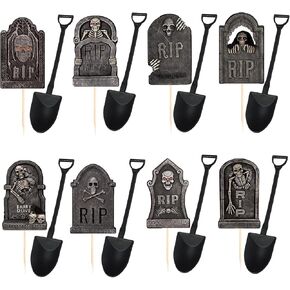 Halloween Cupcake Toppers Cake Decorations Tombstones Graveyard Cupcake Toppers with Novelty Mini Shovel Spoons for Halloween Party, Birthday Party Decoration Supplies 48 Pieces
